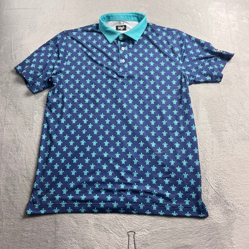 Waggle Golf Polo Shirt Mens Large Blue Teal Sea Turtle Print Performance Stretch - Picture 3 of 8